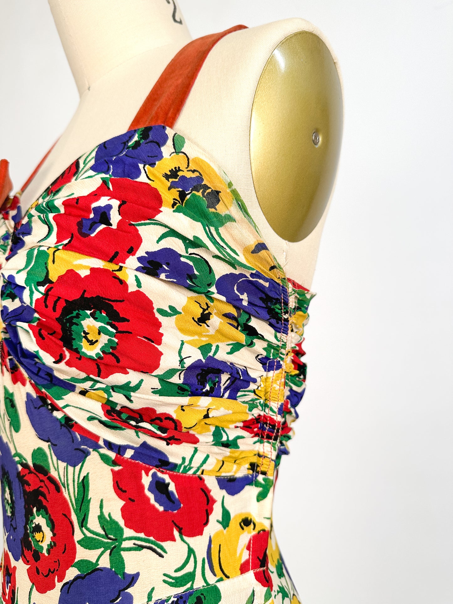 1940s Bright Floral Rayon Gown / Waist 26