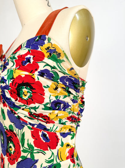 1940s Bright Floral Rayon Gown / Waist 26