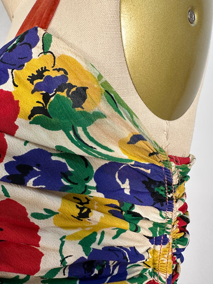 1940s Bright Floral Rayon Gown / Waist 26