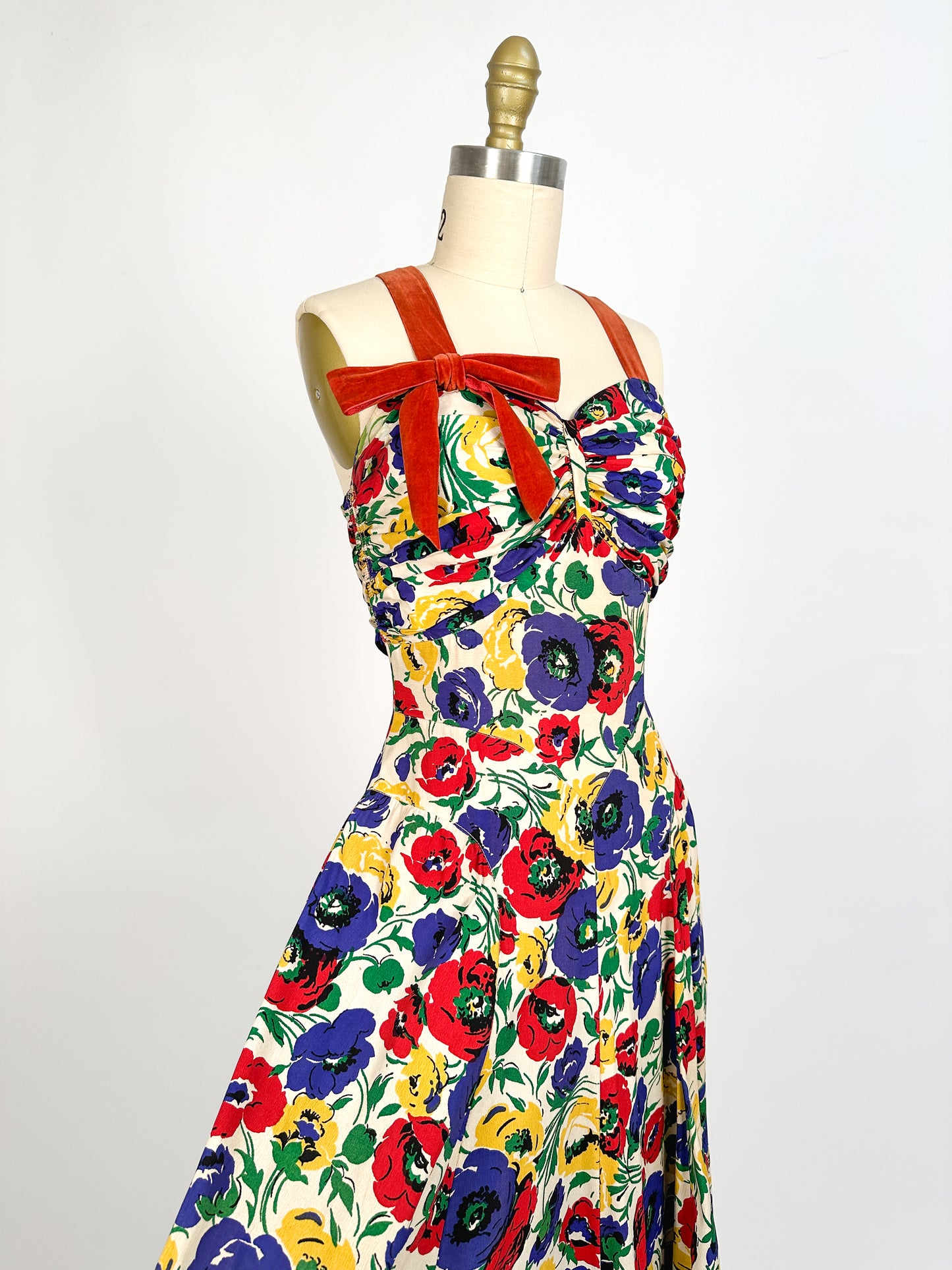 1940s Bright Floral Rayon Gown / Waist 26