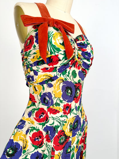 1940s Bright Floral Rayon Gown / Waist 26