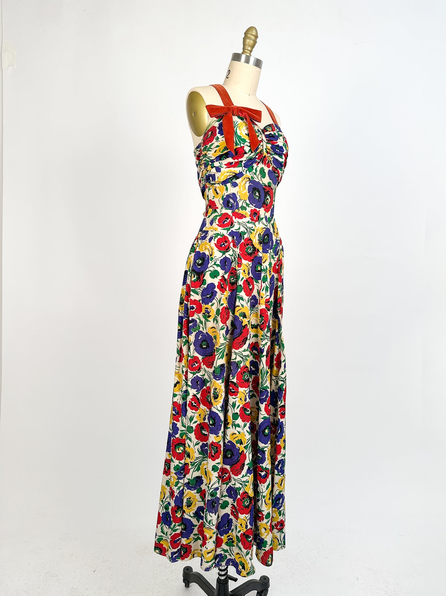 1940s Bright Floral Rayon Gown / Waist 26
