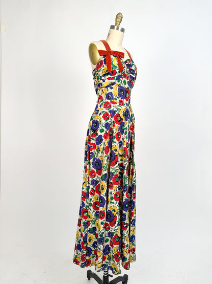 1940s Bright Floral Rayon Gown / Waist 26