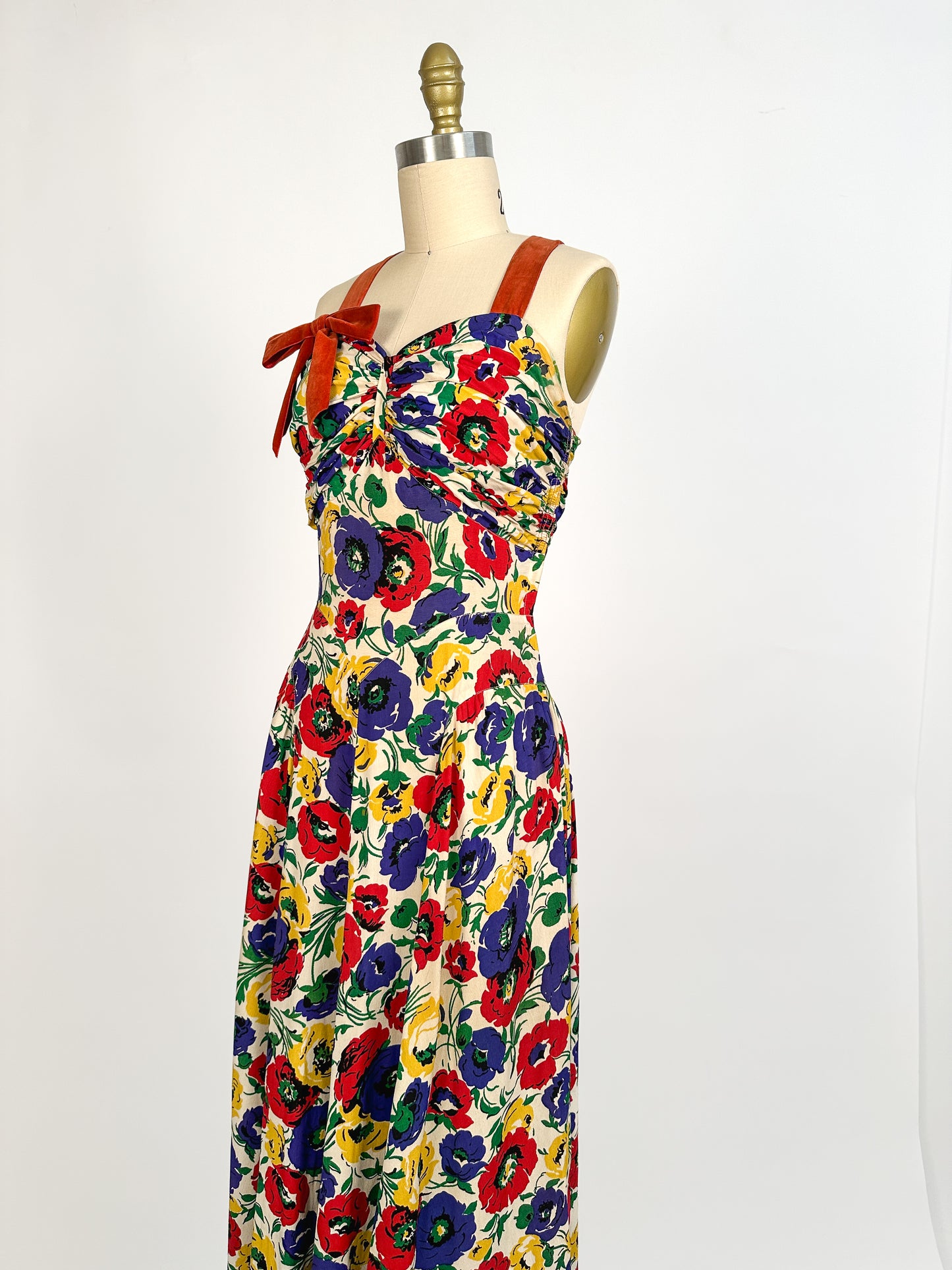 1940s Bright Floral Rayon Gown / Waist 26