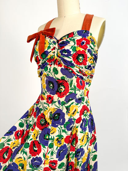 1940s Bright Floral Rayon Gown / Waist 26