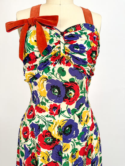 1940s Bright Floral Rayon Gown / Waist 26