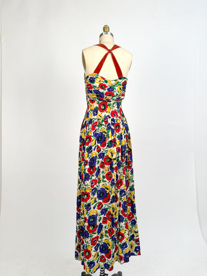 1940s Bright Floral Rayon Gown / Waist 26