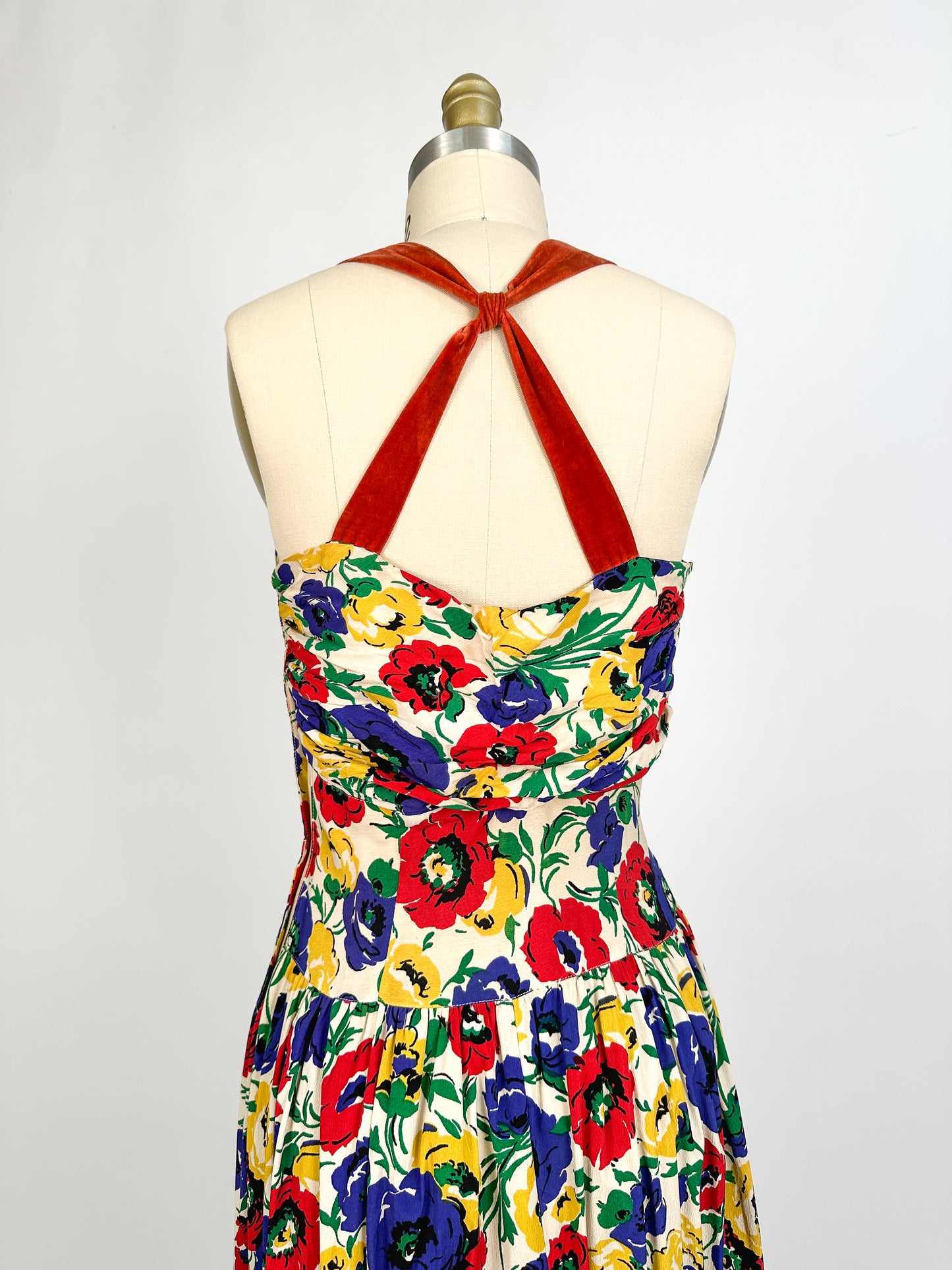 1940s Bright Floral Rayon Gown / Waist 26