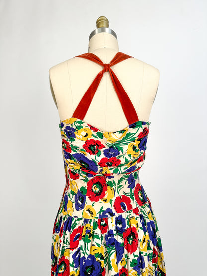 1940s Bright Floral Rayon Gown / Waist 26