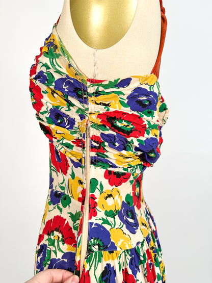 1940s Bright Floral Rayon Gown / Waist 26