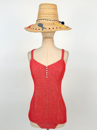 1950s Red Knitted Bathing Suit with 'Bullet' Bra / Bust 32-34