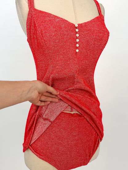 1950s Red Knitted Bathing Suit with 'Bullet' Bra / Bust 32-34