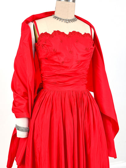 1950s Red Holiday Gown by Lorie Deb / Waist 24