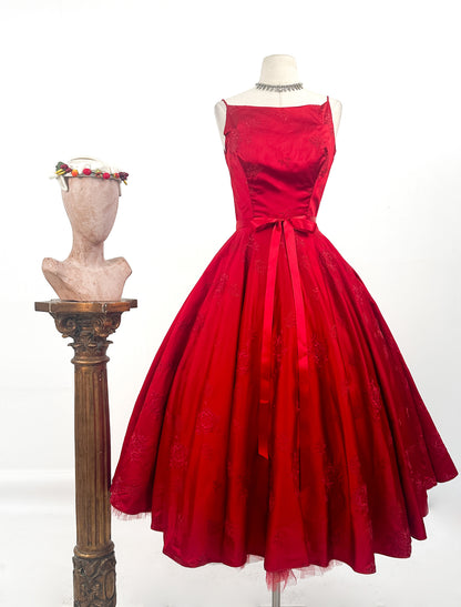 1950s Vibrant Ruby Red Party Dress / Waist 25