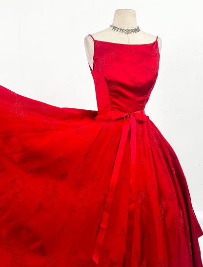 1950s Vibrant Ruby Red Party Dress / Waist 25