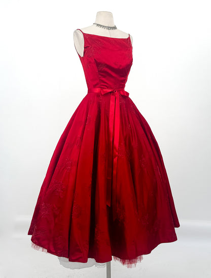 1950s Vibrant Ruby Red Party Dress / Waist 25