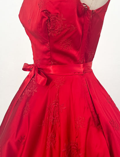 1950s Vibrant Ruby Red Party Dress / Waist 25