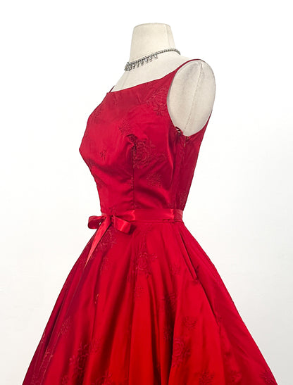 1950s Vibrant Ruby Red Party Dress / Waist 25