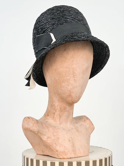 1960s Black Lacquered Straw Bubble Hat with Double Ribbon Band / One Size