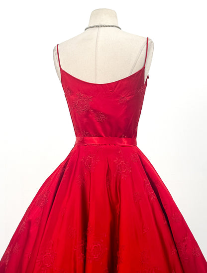 1950s Vibrant Ruby Red Party Dress / Waist 25