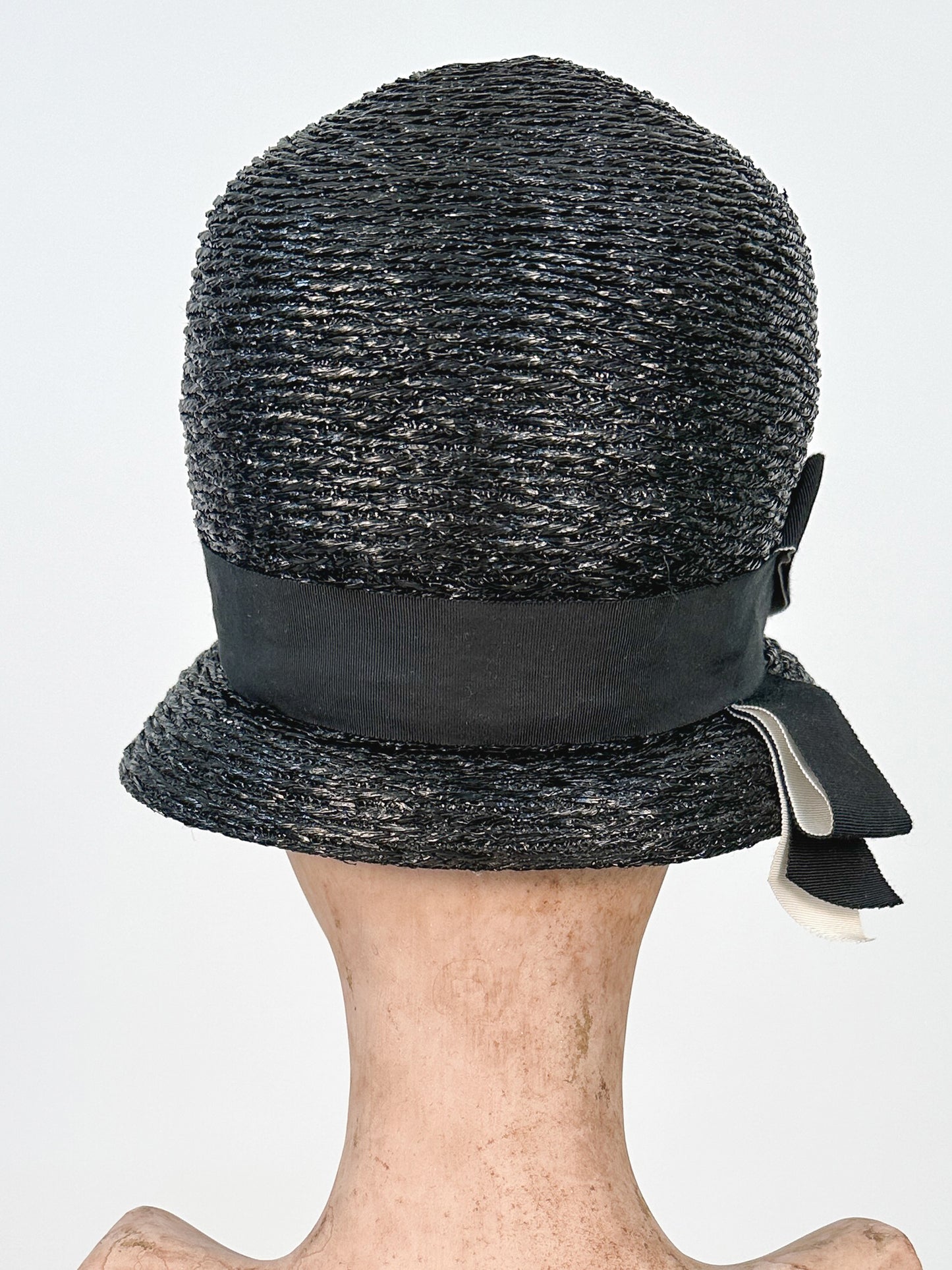 1960s Black Lacquered Straw Bubble Hat with Double Ribbon Band / One Size