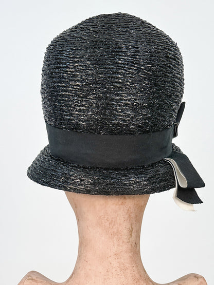 1960s Black Lacquered Straw Bubble Hat with Double Ribbon Band / One Size