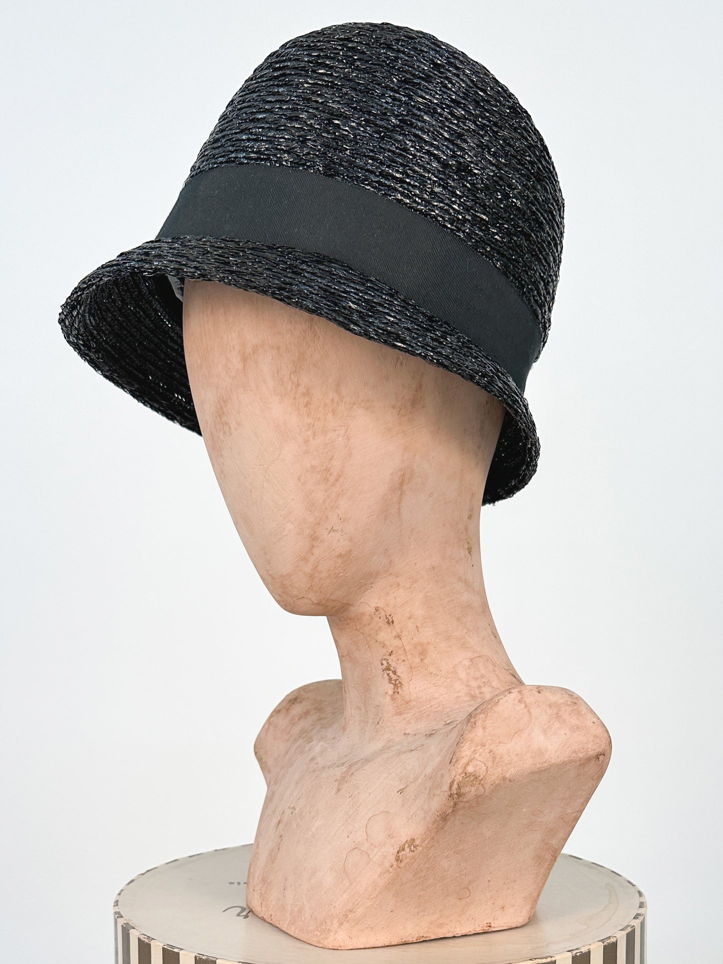 1960s Black Lacquered Straw Bubble Hat with Double Ribbon Band / One Size