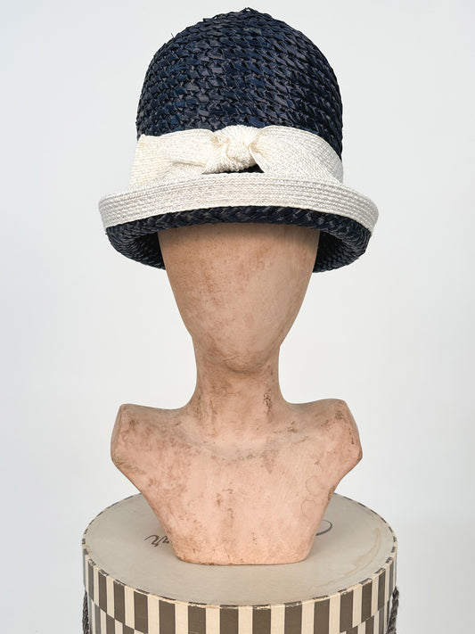 1960s Navy Bubble Hat with White Linen Trim by Mr. John / One Size