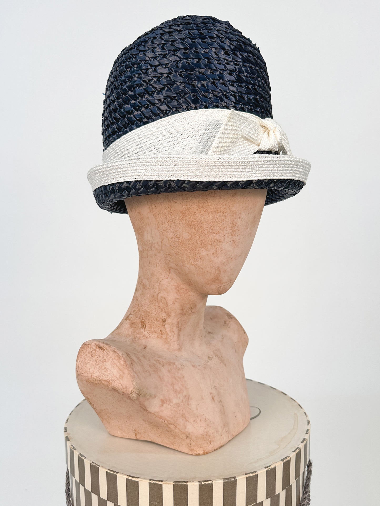 1960s Navy Bubble Hat with White Linen Trim by Mr. John / One Size
