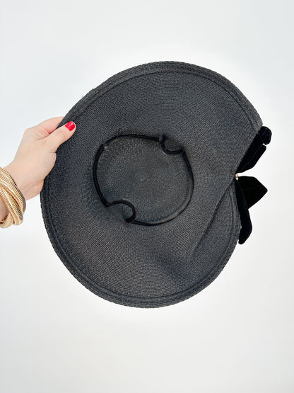 1950s Black Straw Platter Hat with Velvet Bow and Rhinestones / One Size