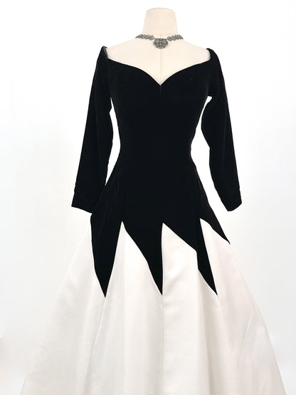 1980s Black Velvet and White Satin Gown by Victor Costa / Waist 28