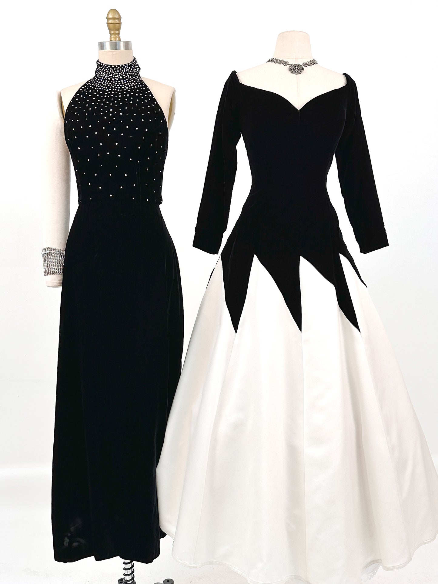 1980s Black Velvet and White Satin Gown by Victor Costa / Waist 28