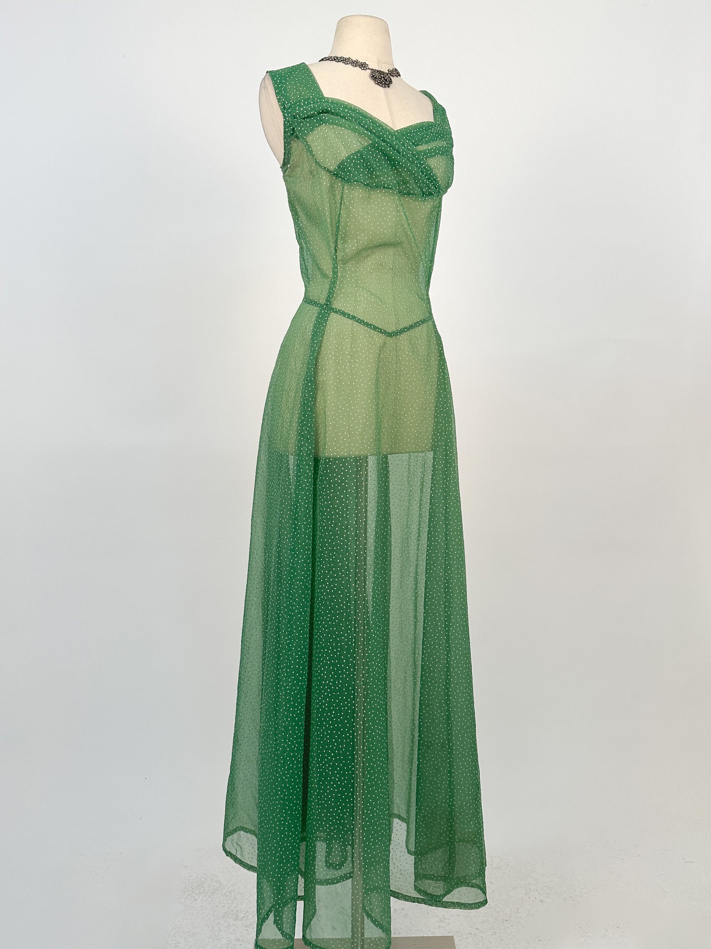 1930s Green Swiss Dot Floor-Length Dress / Waist 36