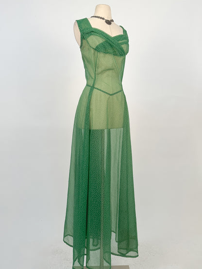 1930s Green Swiss Dot Floor-Length Dress / Waist 36