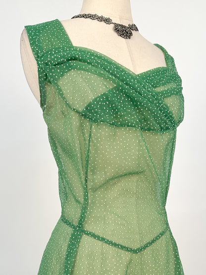 1930s Green Swiss Dot Floor-Length Dress / Waist 36