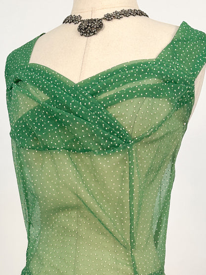1930s Green Swiss Dot Floor-Length Dress / Waist 36