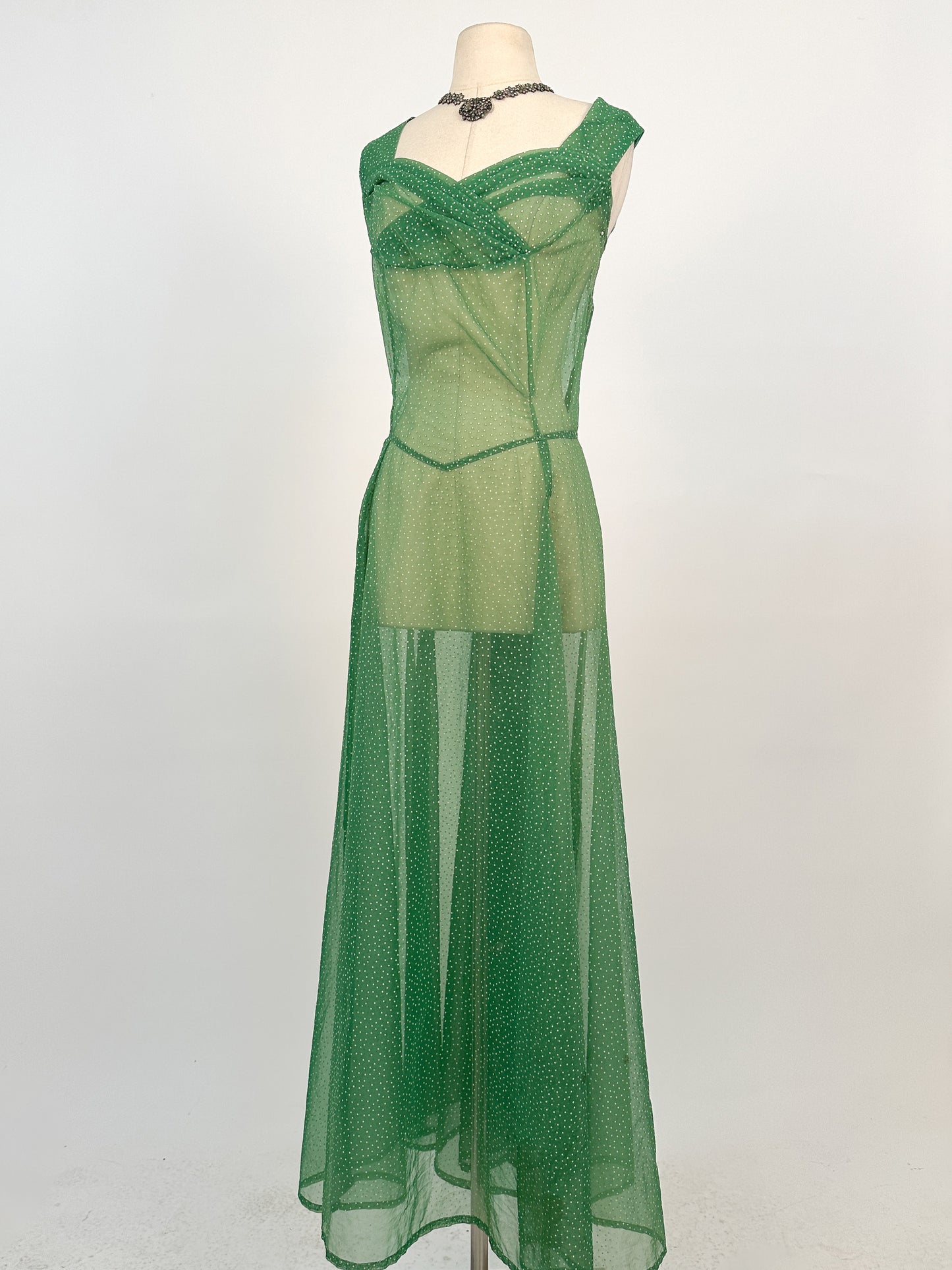 1930s Green Swiss Dot Floor-Length Dress / Waist 36