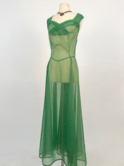 1930s Green Swiss Dot Floor-Length Dress / Waist 36