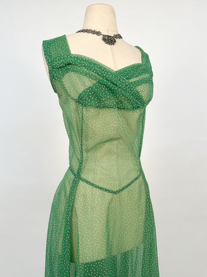 1930s Green Swiss Dot Floor-Length Dress / Waist 36