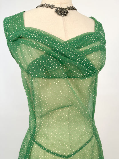 1930s Green Swiss Dot Floor-Length Dress / Waist 36