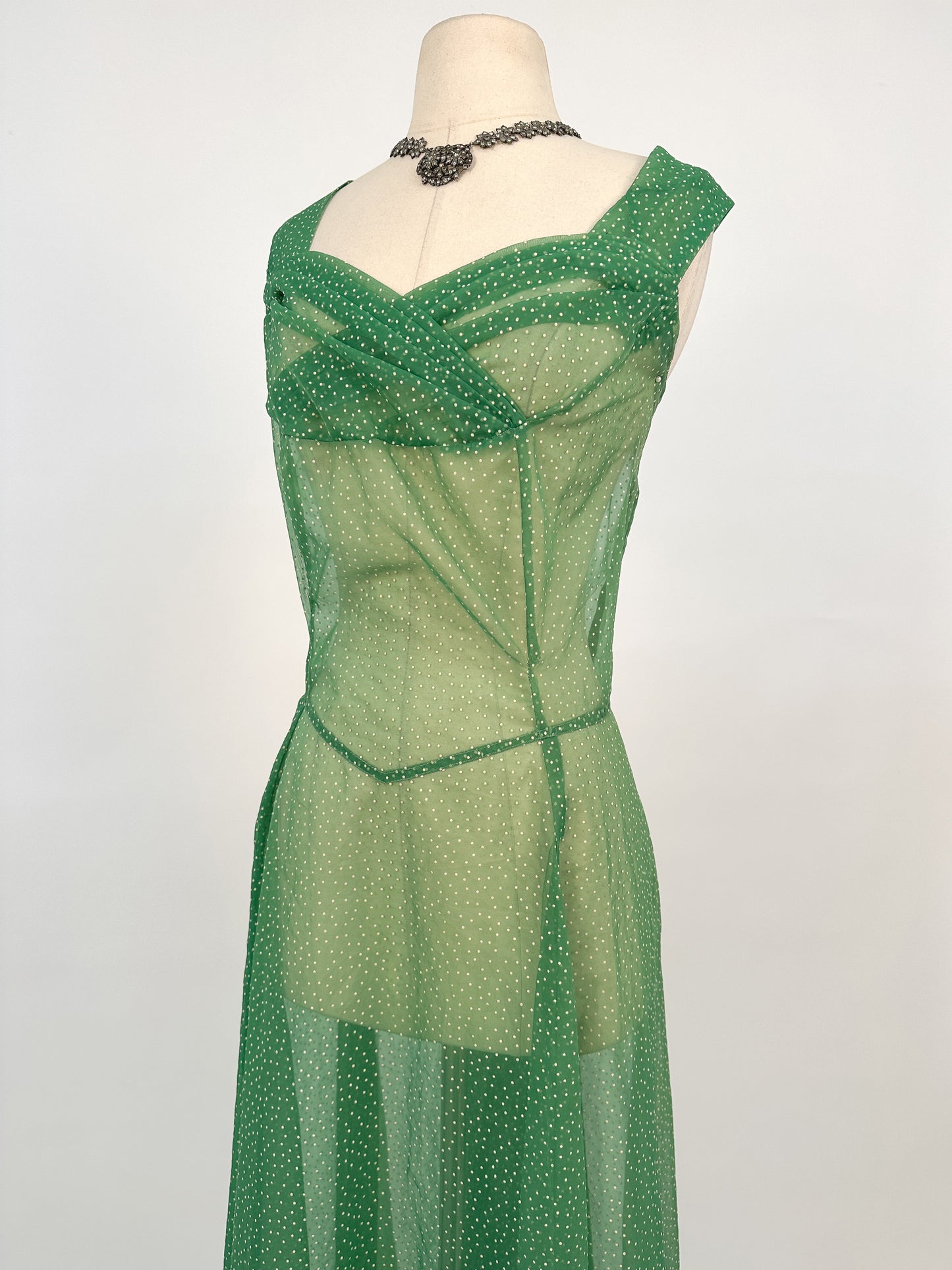 1930s Green Swiss Dot Floor-Length Dress / Waist 36