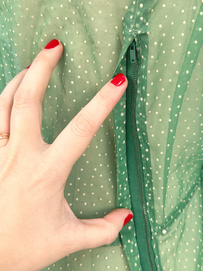 1930s Green Swiss Dot Floor-Length Dress / Waist 36