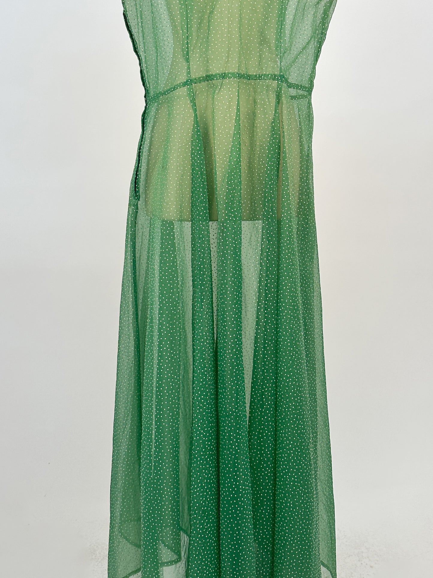 1930s Green Swiss Dot Floor-Length Dress / Waist 36