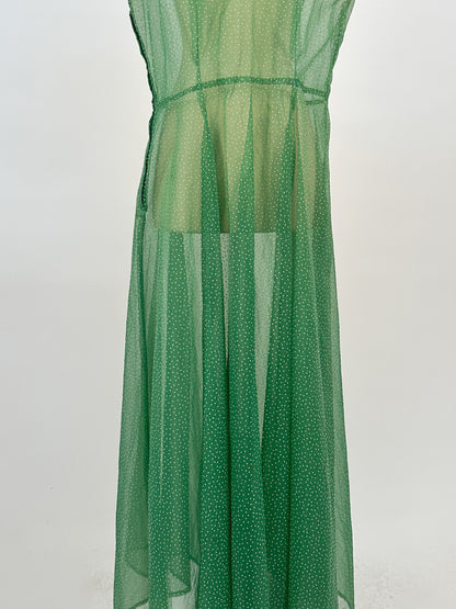 1930s Green Swiss Dot Floor-Length Dress / Waist 36