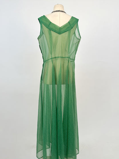 1930s Green Swiss Dot Floor-Length Dress / Waist 36