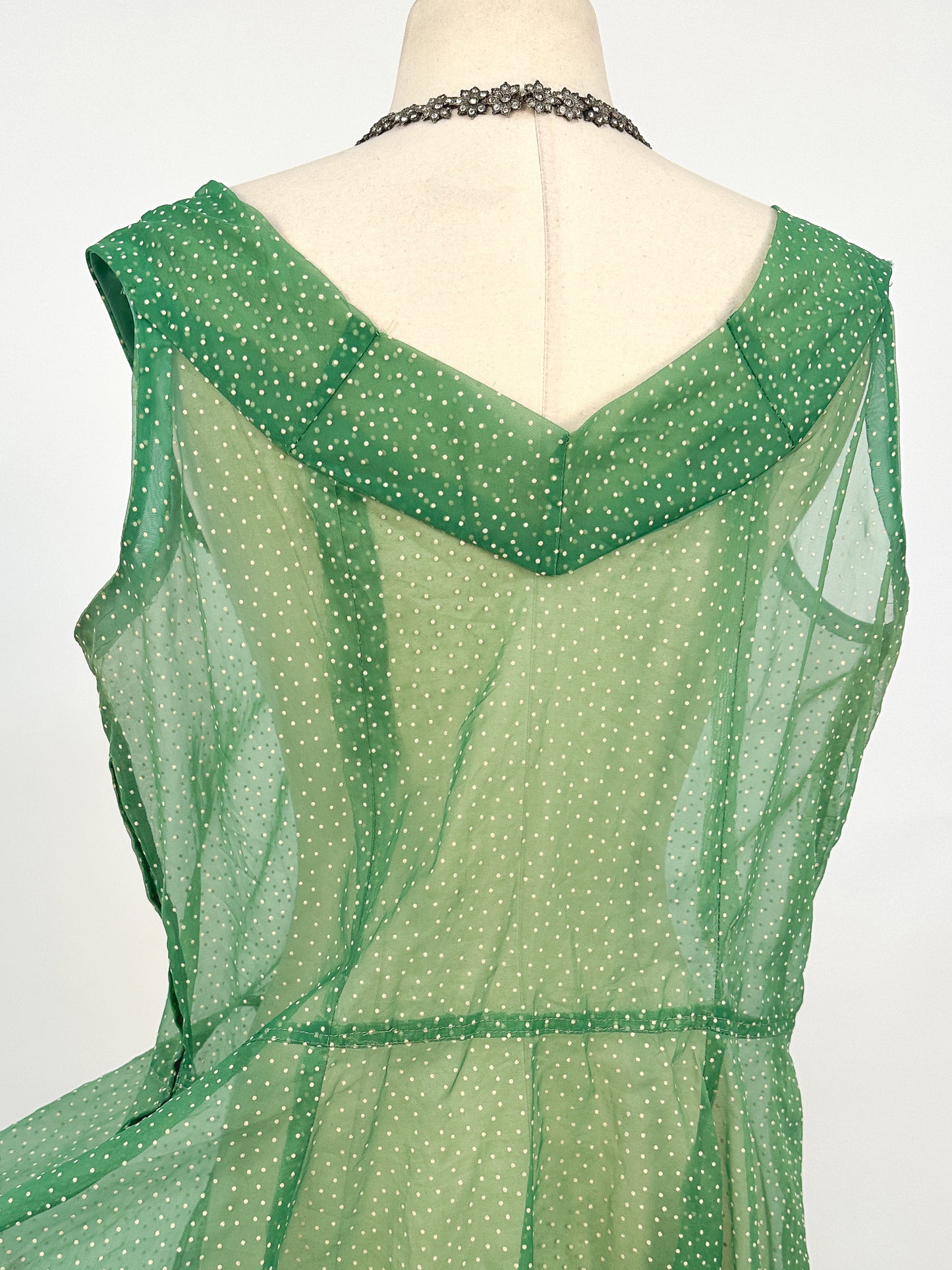 1930s Green Swiss Dot Floor-Length Dress / Waist 36