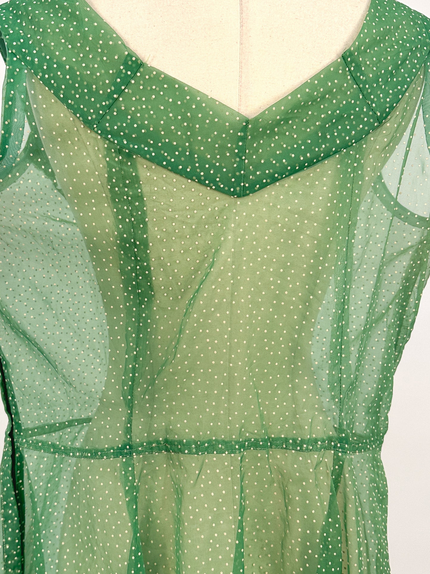 1930s Green Swiss Dot Floor-Length Dress / Waist 36