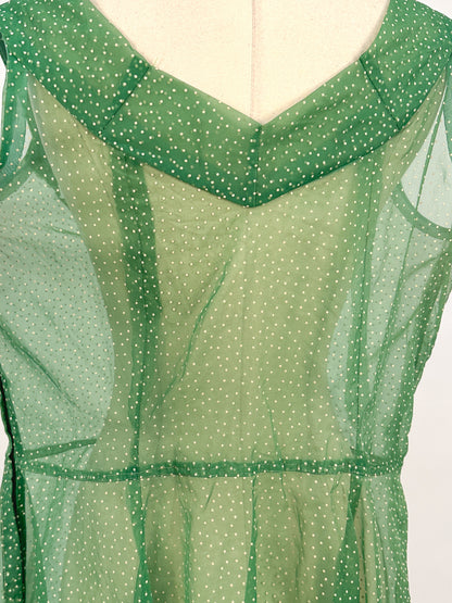 1930s Green Swiss Dot Floor-Length Dress / Waist 36