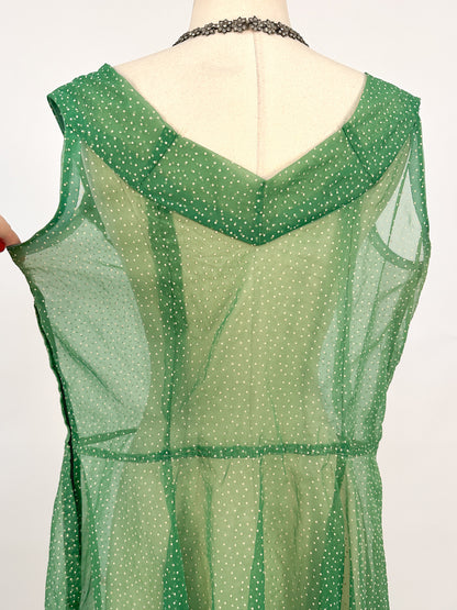 1930s Green Swiss Dot Floor-Length Dress / Waist 36