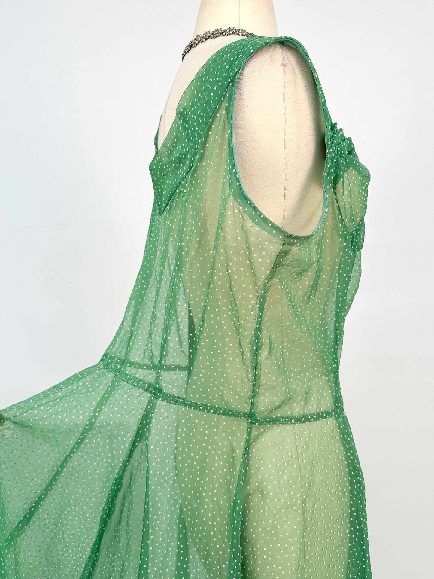 1930s Green Swiss Dot Floor-Length Dress / Waist 36